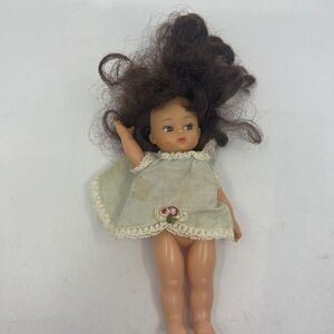 Vintage Baby Girl‎ Doll Brown Wavy Hair Dress with Crocheted Lace Trim 9.5"